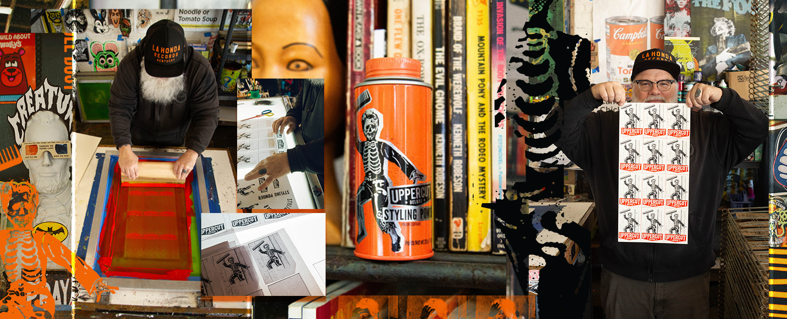 Collage of pictures featuring Skull Dust Styling Powder and Jim Madison Screen Printing
