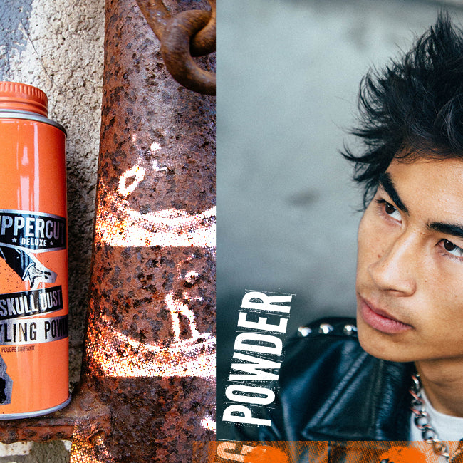 Collage of pictures featuring Skull Dust Styling Powder and Shaw Collins