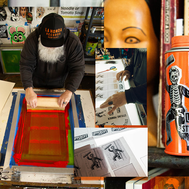 Collage of pictures featuring Skull Dust Styling Powder and Jim Madison Screen Printing