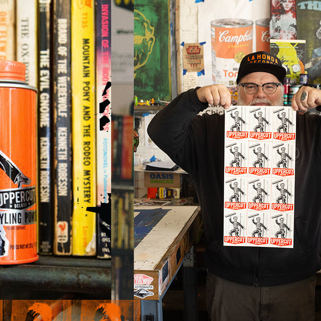 Collage of pictures featuring Skull Dust Styling Powder and Jim Madison Screen Printing