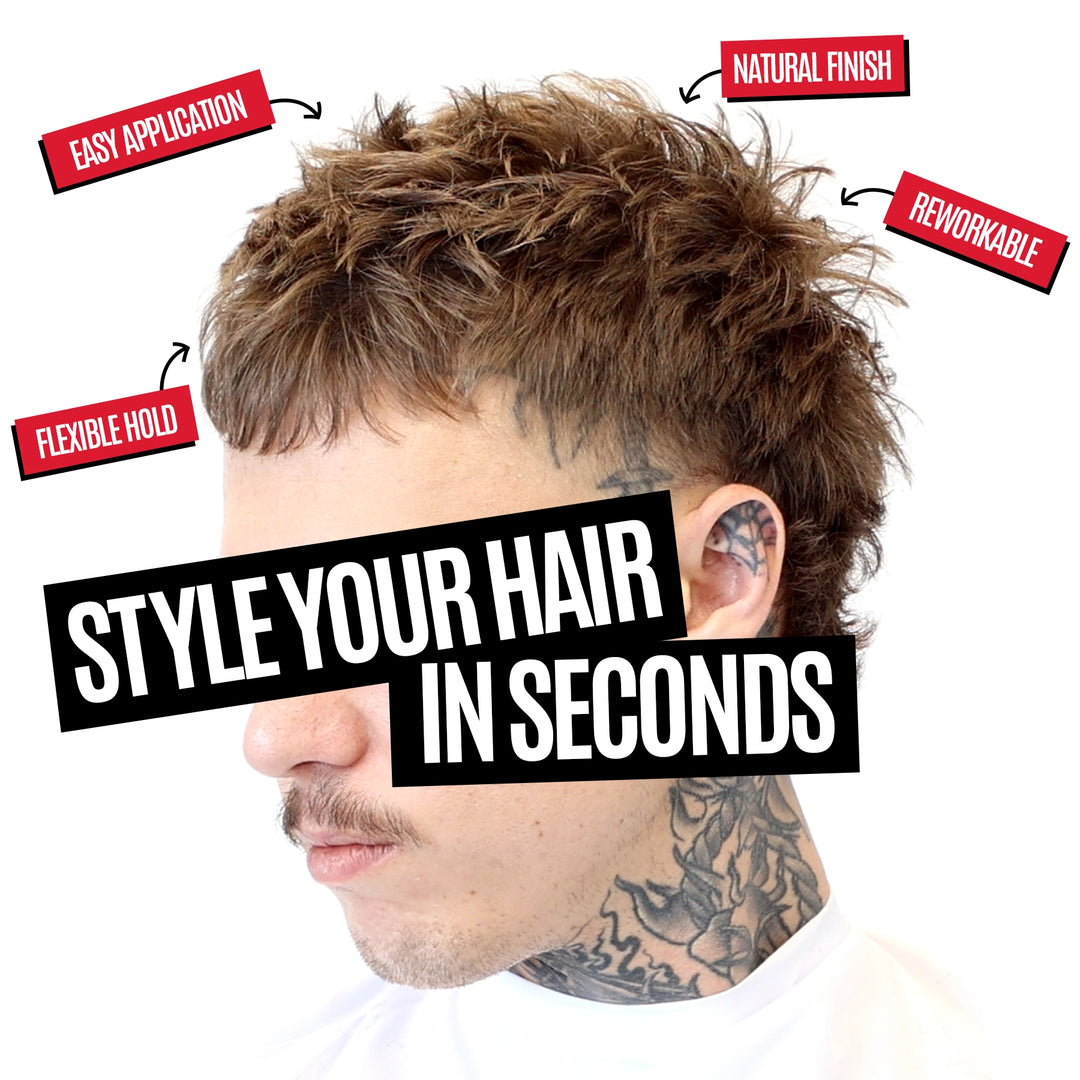 A man's side profile with styled brown hair, overlaid with text badges reading 'EASY APPLICATION', 'NATURAL FINISH', 'REWORKABLE', 'FLEXIBLE HOLD', and a large 'STYLE YOUR HAIR IN SECONDS' banner. No actual product container is visible.